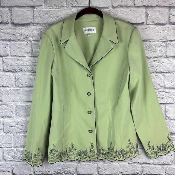 Studio I Green Embroidered Button Up Blazer Size 10 - Picture 1 of 5